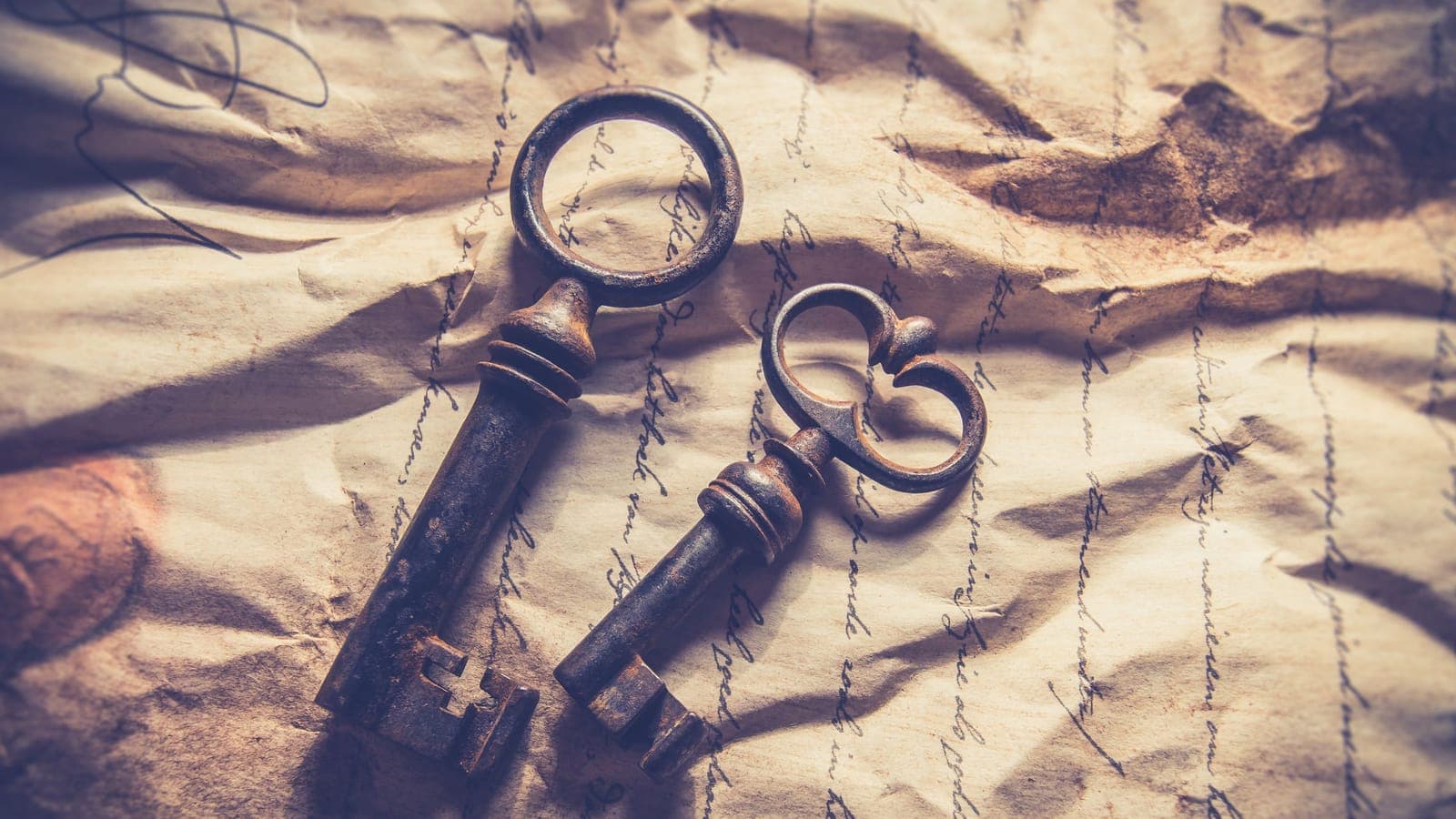 Two antique iron keys resting on a sheet of handwritten paper.